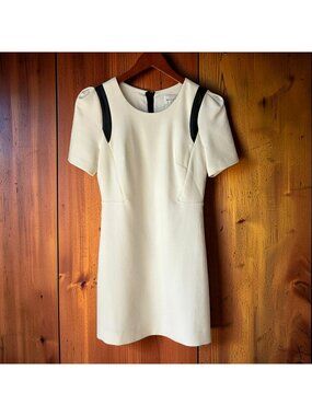 Milly Margot Ivory Shift Dress Size 2 Wool Blend Black Leather Trim Short Sleeve